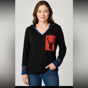 Must B Large Hoodie Top Black Plaid Trim Deer Silhouette Rustic Lodgecore